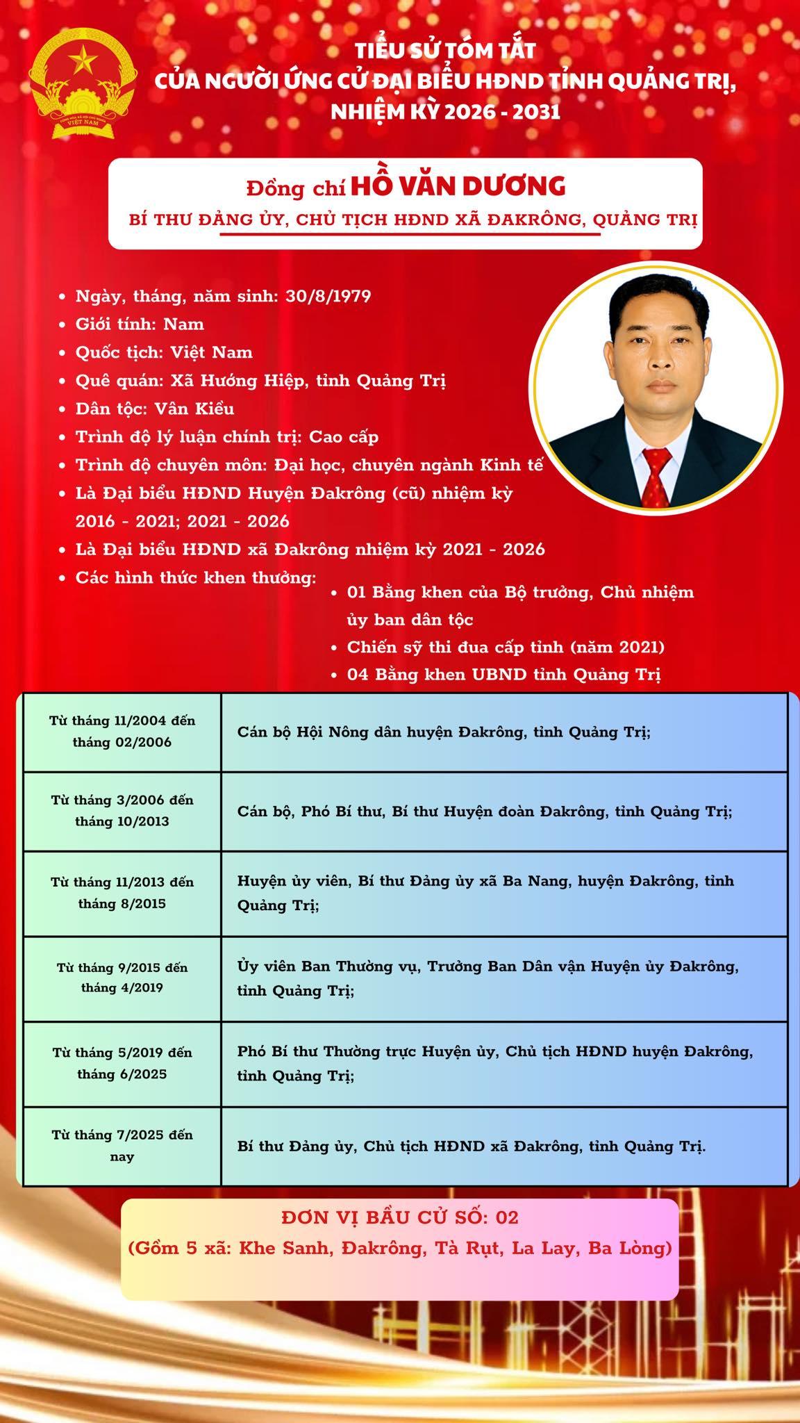 TIỂU SỬ ĐỒNG CHÍ HỒ VĂN DƯƠNG, BÍ THƯ ĐẢNG ỦY, CHỦ TỊCH HĐND XÃ ĐAKRÔNG - NGƯỜI ỨNG CỬ ĐẠI BIỂU...